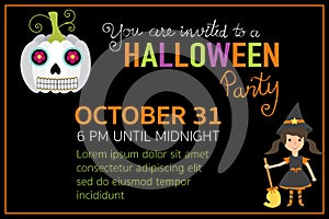 Halloween party invitation cards witch girl character
