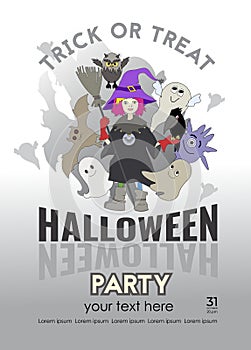 Halloween party invitation.Cartoon illustration with Halloween characters.