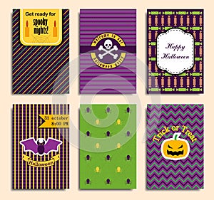 Halloween party invitation, greeting card, flyer, banner, poster templates. Hand drawn traditional symbols, cute design elements.