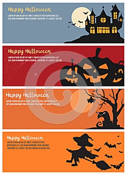 Halloween party invitation, greeting card set, flyer, banner, poster templates. Traditional symbols, cute design elements. Vector