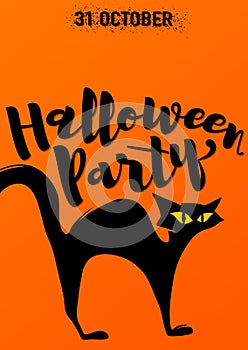 Halloween party invitation with scary black cat arched back