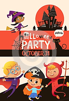 Halloween party invitation template with adorable joyful kids dressed in festive costumes of witch, vampire, devil and