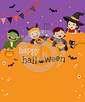 Halloween party invitation template card with kids in Halloween costumes.