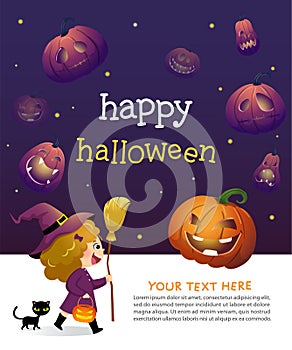 Halloween party invitation template card with little girl witch and black cat