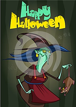 Halloween party invitation with ugly witch with a rat. Vector illustration