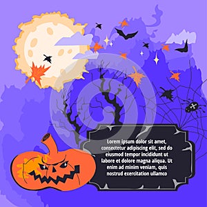Halloween party invitational banner background with pumpkin, vector illustration.