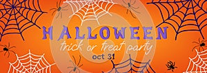 Halloween party invitations or greeting cards with handwritten calligraphy and spiders and spider webs