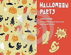 Halloween party Lino-cut cutout colorful seamless pattern