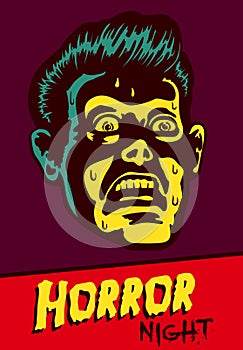 Halloween party or movie night event flyer design with terrified vintage man photo
