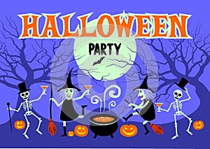 Halloween party.Night party with funny witches and skeletons.