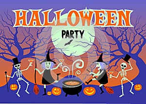 Halloween party.Night party with funny witches and skeletons.