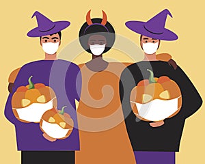 Halloween party, people in medical masks, Flat vector stock illustration with Covid lockdown and Halloween night celebration in