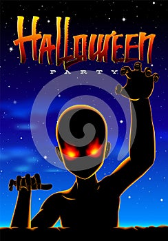 Halloween party poster in 80s horror movies style with crawling zombie or alien creature and neon sunset.