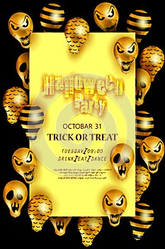 Halloween party poster with black and golden Scary air balloon. Halloween Ghost Balloons.
