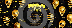 Halloween party poster with black and golden Scary air balloon. Halloween Ghost Balloons.