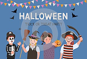 Halloween Party poster. Halloween Party Kids Costume. Group of fun and cute kids in halloween costume
