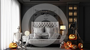 Halloween party poster in a modern classic haunted house bedroom with jack-o\'-lantern pumpkins