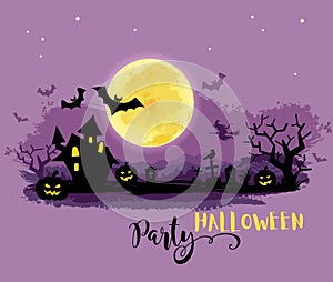Halloween Party poster with a moon, haunted house, cemetery, pumpkins and a flying witch