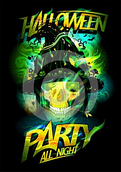 Halloween party poster with mystic witch skull, invitation card or banner