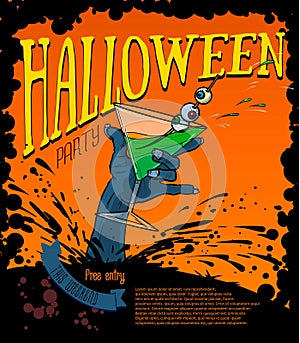 Halloween party poster poster with the hand of the zombie holding a glass with alcohol