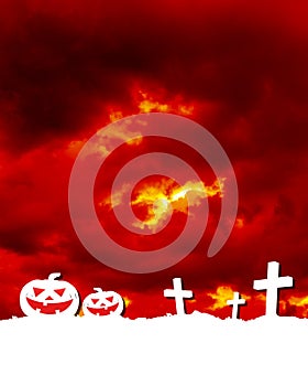 halloween party poster, silhouette white jack o lantern pumpkin and grave cross on cemetery with blood sky