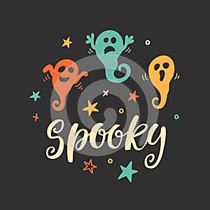 Halloween Party Poster with Spooky Ghosts Doodles and Handwritten Ink Lettering