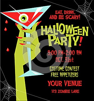 Halloween party poster template with monster hand holding martini glass filled with blood