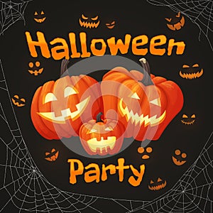 Halloween party poster with three smiling pumpkins and glowing f