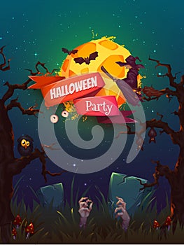 Halloween party poster with witch and moon. Vector illustration