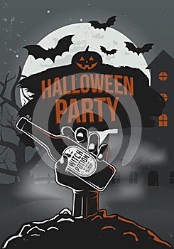 Halloween Party poster with zombie hand, beer bottle, haunted house, bats and full moon. Halloween background. Vector illustration