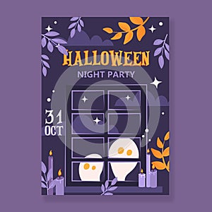 Halloween party posters. Halloween night party invite template. Ghosts on the window