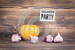 Halloween party, pumpkins and garlic