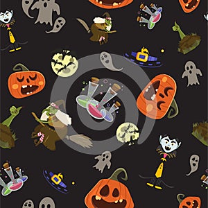 Halloween party seamless pattern design. All hallow eve repetitive print. All saints holiday repeating background for wrapping pa