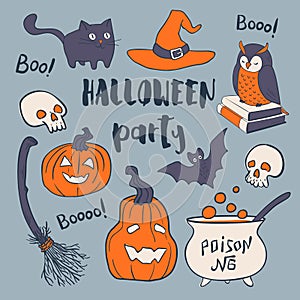 Halloween party set. Vector hand drawn greeting card. Design elements.