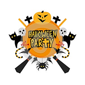 Halloween party sign with pumpkin, bats, cats, witches hat