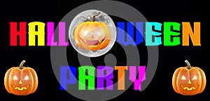 Halloween Party - A spooky Halloween Party banner with a scary vampire pumpkin with glowing eyes, in front of the moon