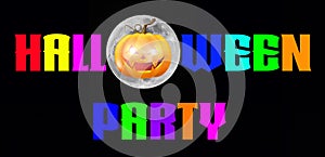 Halloween Party - A spooky Halloween Party banner with a scary vampire pumpkin with glowing eyes, in front of the moon