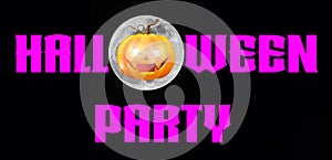 Halloween Party - A spooky Halloween Party banner with a scary vampire pumpkin with glowing eyes, in front of the moon