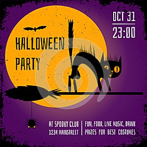 A Halloween party square banner with a black cat on witch broom on purple background. Editable poster design template.