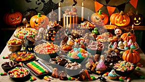 Halloween party. The table is filled with treats like candy corn, gummy worms photo