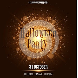 Halloween party. Text in the style of Horor. Abstract bright flash of light with golden lights. Black spiders .Names of the club a