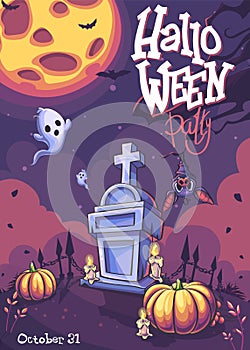 Halloween Party vector background with ghost, moon, bat, tree