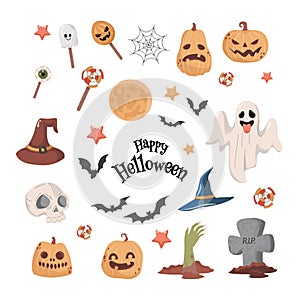 Halloween party vector flat cartoon illustration. Ghost, witch hat, bats, skull, zombie hand, and pumpkin heads