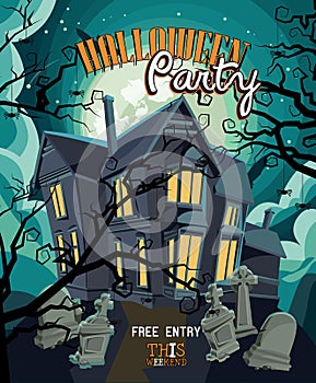 Halloween party vector invitation card with creepy house