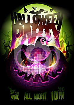 Halloween party vector poster design, burning pumpkin, full moon, fire flame