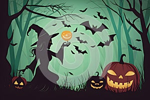 Halloween party, witch and bats are flying, witch in the woods vector, portraying spooky atmosphere