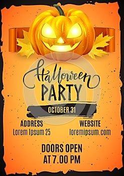 Halloween patry poster design advertisement, realistic pumpkin