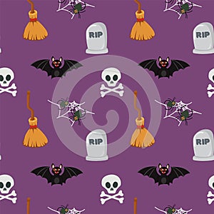 Halloween pattern background broom bat grave