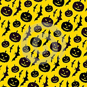 Halloween pattern background with pumpkin and bat motifs. Suitable for wallpaper, backdrop, poster, textile, clothing