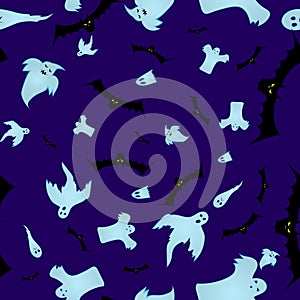 Halloween pattern background. Vector seamless cartoon ghost or black bat or spider web for Halloween party design.